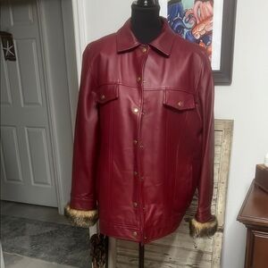 Women's Vintage Burgundy Leather Jacket with Faux Fur Trim